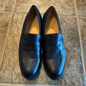 Women's Navy Leather Penny Loafers - Classic Slip-On Flats